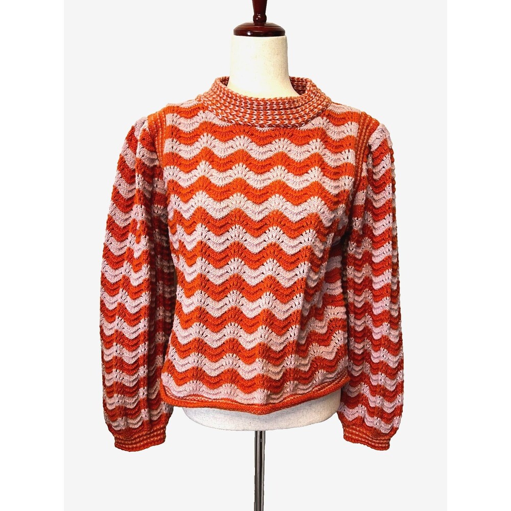 & Merci Groovy Crochet Sweater Women's M Orange Chevron Stripe Retro Puff Sleeve